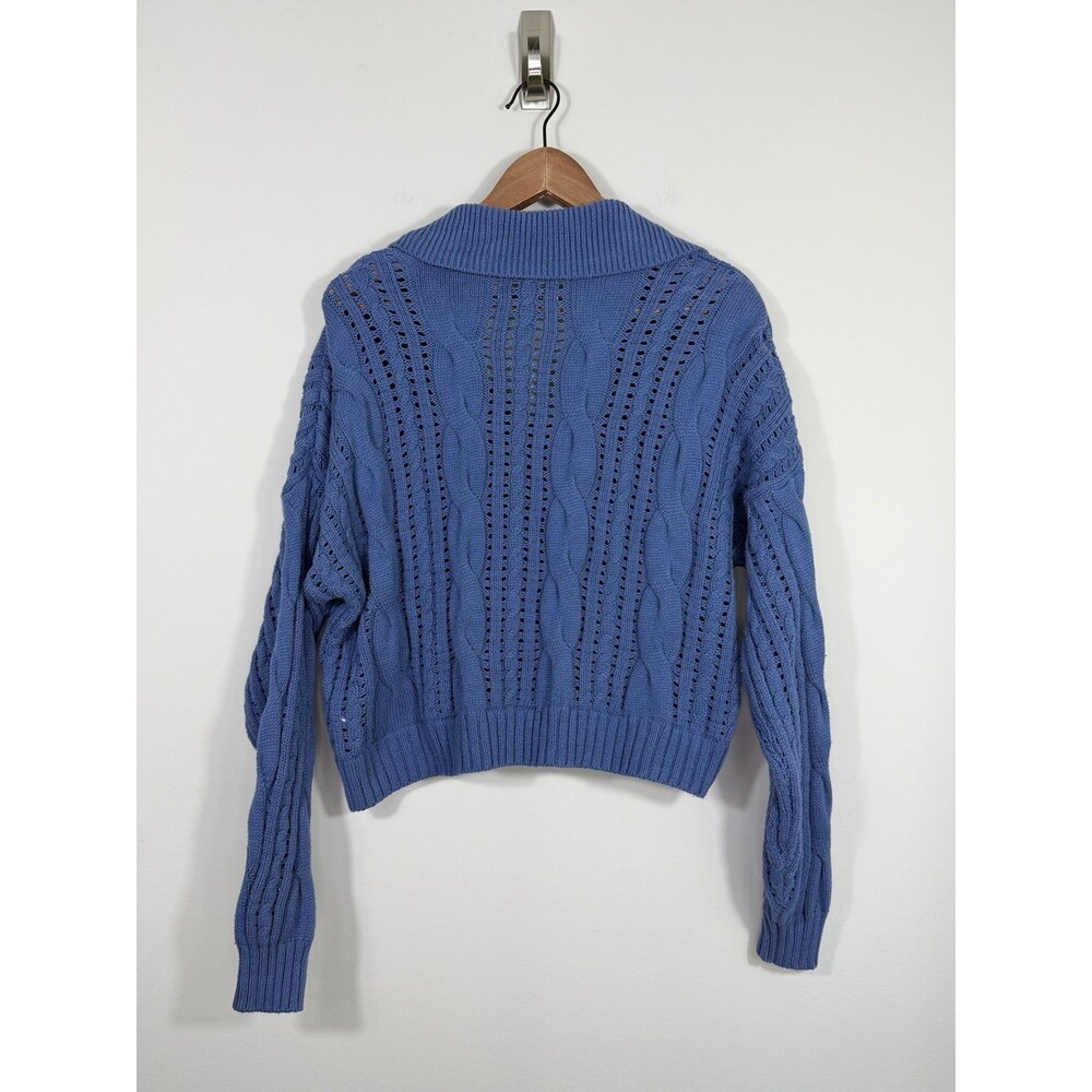 Hollister Blue Open Cable Knit Collared Cropped Sweater Small - Picture 2 of 6